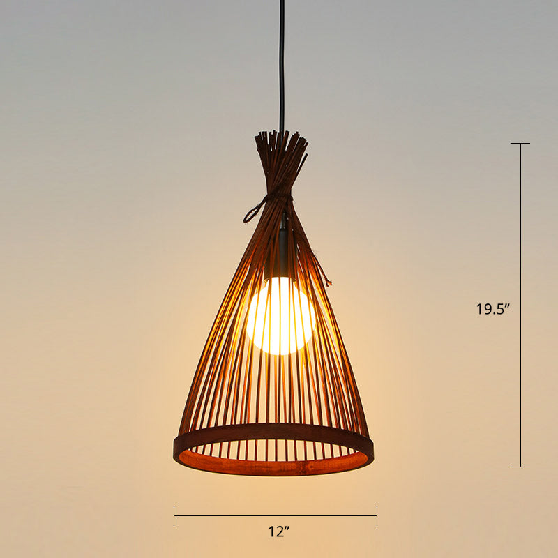 Conical Restaurant Drop Pendant Bamboo 1 Head Minimalist Hanging Ceiling Light with Cage Design Coffee 12" Clearhalo 'Ceiling Lights' 'Pendant Lights' 'Pendants' Lighting' 2389529_64f4921a-0ab7-4b2d-b96f-24dd741b7d75