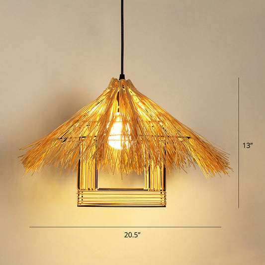 Asian House Shaped Pendant Lamp Bamboo Single-Bulb Restaurant Hanging Light Fixture Clearhalo 'Ceiling Lights' 'Pendant Lights' 'Pendants' Lighting' 2389542