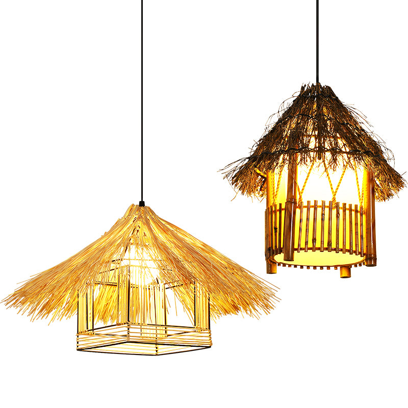 Asian House Shaped Pendant Lamp Bamboo Single-Bulb Restaurant Hanging Light Fixture Clearhalo 'Ceiling Lights' 'Pendant Lights' 'Pendants' Lighting' 2389544