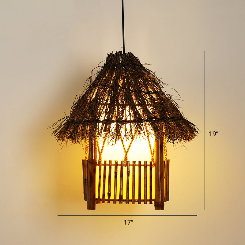 Asian House Shaped Pendant Lamp Bamboo Single-Bulb Restaurant Hanging Light Fixture Clearhalo 'Ceiling Lights' 'Pendant Lights' 'Pendants' Lighting' 2389546