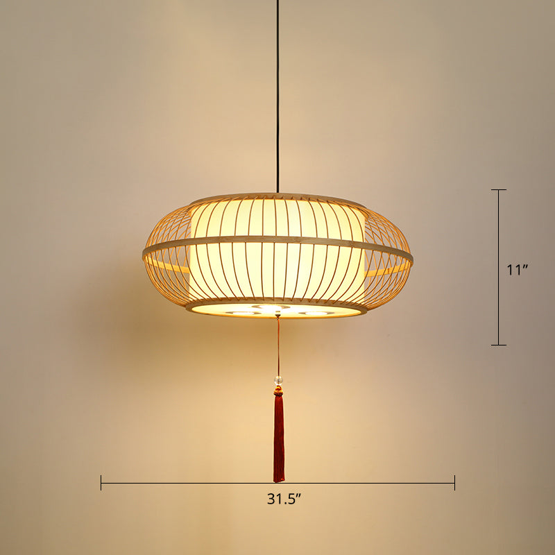 Drum Pendant Ceiling Lamp Asian Bamboo 1-Light Beige Suspension Light with Tassel Knot Beige 31.5" Clearhalo 'Ceiling Lights' 'Pendant Lights' 'Pendants' Lighting' 2389547_c65aab84-30d6-409e-828e-9ed232d677bf