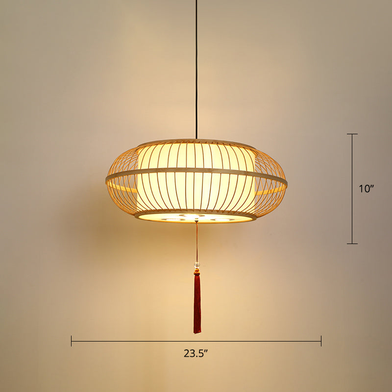 Drum Pendant Ceiling Lamp Asian Bamboo 1-Light Beige Suspension Light with Tassel Knot Beige 23.5" Clearhalo 'Ceiling Lights' 'Pendant Lights' 'Pendants' Lighting' 2389549_a8671895-e215-428c-9c0a-1f6e87e81476