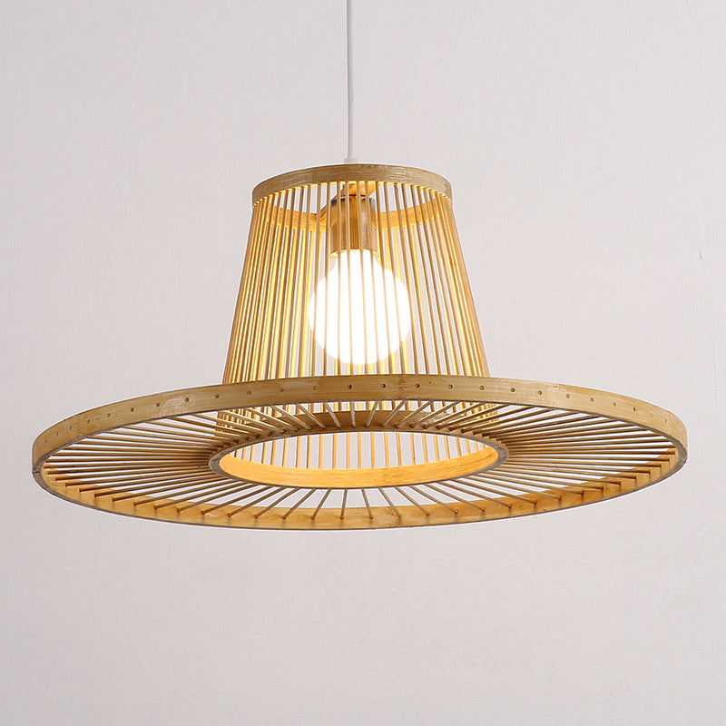 Modern Hat Shaped Pendant Light Bamboo 1 Head Dining Room Pendulum Light in Beige Clearhalo 'Ceiling Lights' 'Pendant Lights' 'Pendants' Lighting' 2389552