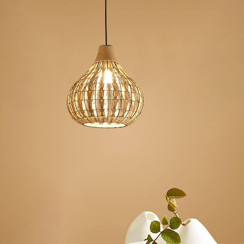 Beige Teardrop Suspension Lighting Asian 1 Bulb Rattan Pendant Lamp for Restaurant Clearhalo 'Ceiling Lights' 'Pendant Lights' 'Pendants' Lighting' options 2389555