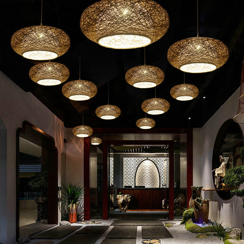 Minimalist Round Pendant Lighting Fixture Rattan 1 Head Tearoom Ceiling Hang Lamp in Dark Tan Clearhalo 'Ceiling Lights' 'Pendant Lights' 'Pendants' Lighting' options 2389570