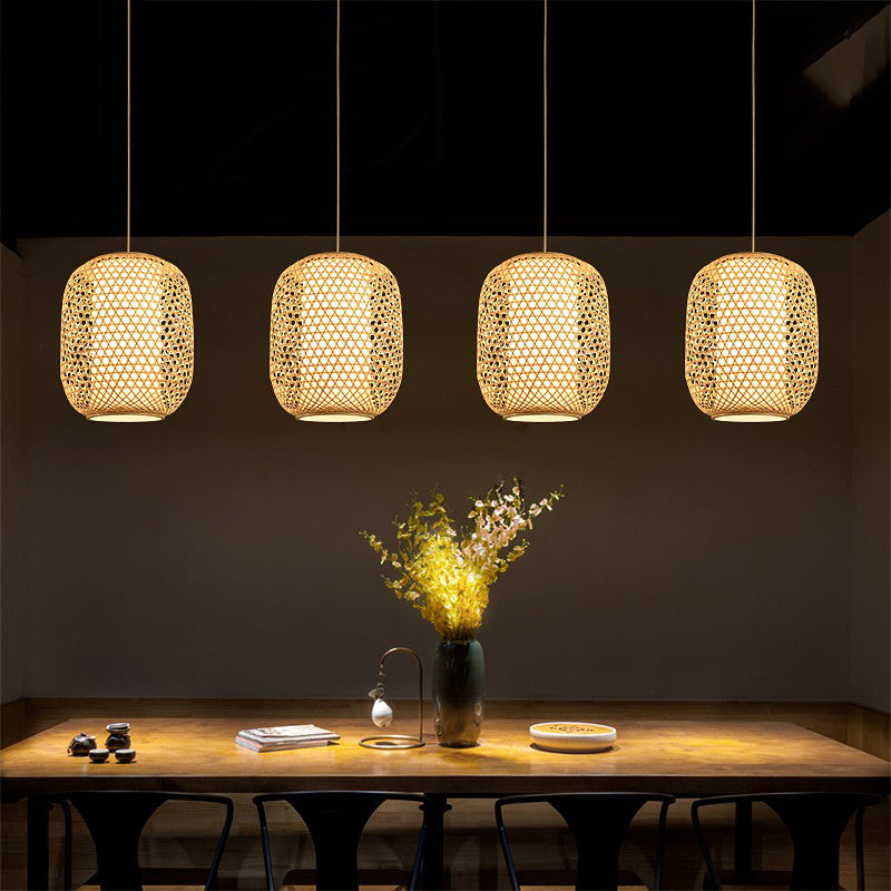 Oval Bamboo Suspension Light Asian 1-Bulb Beige Ceiling Hanging Lantern for Restaurant Clearhalo 'Ceiling Lights' 'Pendant Lights' 'Pendants' Lighting' options 2389574