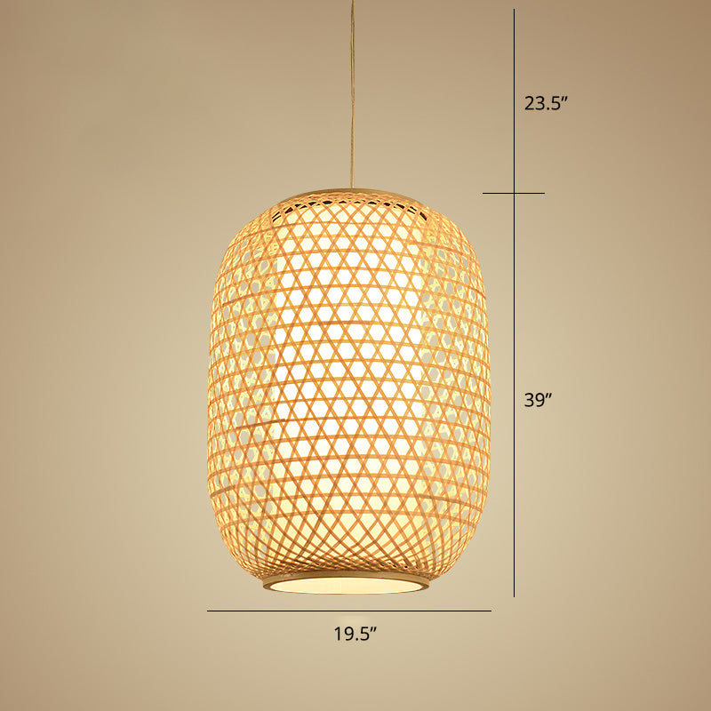 Oval Bamboo Suspension Light Asian 1-Bulb Beige Ceiling Hanging Lantern for Restaurant Clearhalo 'Ceiling Lights' 'Pendant Lights' 'Pendants' Lighting' options 2389575