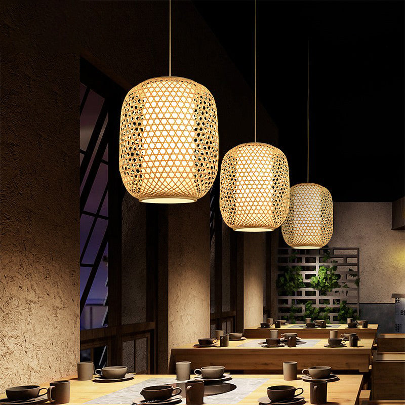 Oval Bamboo Suspension Light Asian 1-Bulb Beige Ceiling Hanging Lantern for Restaurant Clearhalo 'Ceiling Lights' 'Pendant Lights' 'Pendants' Lighting' options 2389577