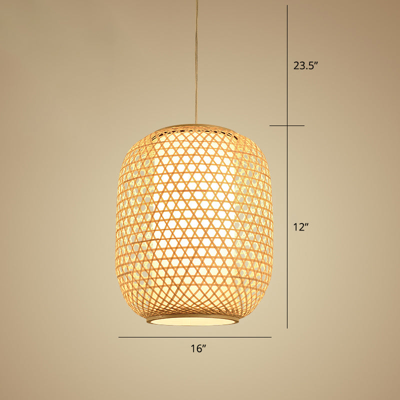 Oval Bamboo Suspension Light Asian 1-Bulb Beige Ceiling Hanging Lantern for Restaurant Beige 16" Clearhalo 'Ceiling Lights' 'Pendant Lights' 'Pendants' Lighting' options 2389578_33d0c8e9-5164-4e76-9b79-d870bcb87306