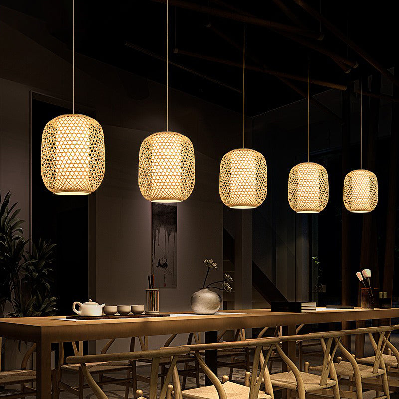 Oval Bamboo Suspension Light Asian 1-Bulb Beige Ceiling Hanging Lantern for Restaurant Clearhalo 'Ceiling Lights' 'Pendant Lights' 'Pendants' Lighting' options 2389579