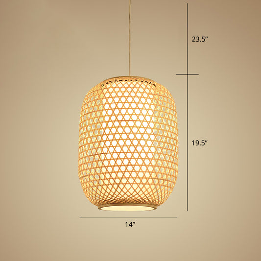 Oval Bamboo Suspension Light Asian 1-Bulb Beige Ceiling Hanging Lantern for Restaurant Clearhalo 'Ceiling Lights' 'Pendant Lights' 'Pendants' Lighting' options 2389580