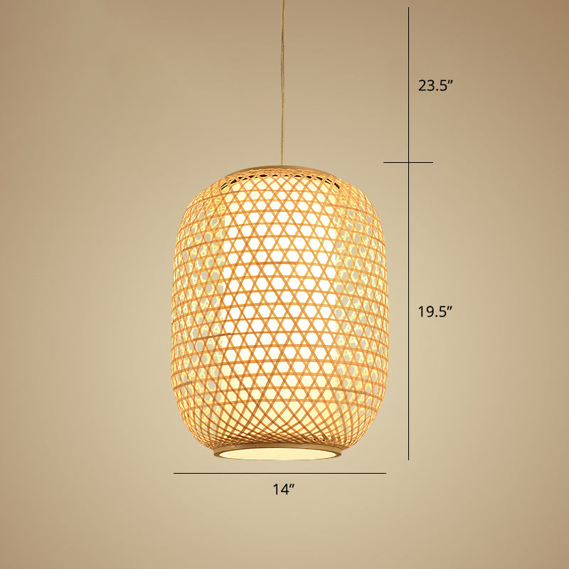 Oval Bamboo Suspension Light Asian 1-Bulb Beige Ceiling Hanging Lantern for Restaurant Beige 14" Clearhalo 'Ceiling Lights' 'Pendant Lights' 'Pendants' Lighting' options 2389580_5c8df6d9-e726-4e22-8922-5636bf82b82f