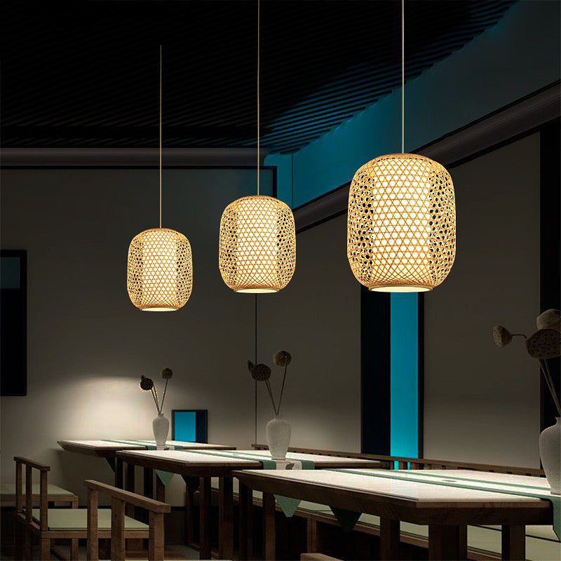 Oval Bamboo Suspension Light Asian 1-Bulb Beige Ceiling Hanging Lantern for Restaurant Clearhalo 'Ceiling Lights' 'Pendant Lights' 'Pendants' Lighting' options 2389581