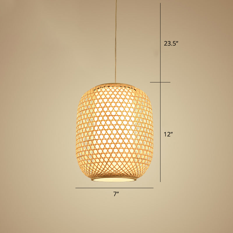 Oval Bamboo Suspension Light Asian 1-Bulb Beige Ceiling Hanging Lantern for Restaurant Beige 7" Clearhalo 'Ceiling Lights' 'Pendant Lights' 'Pendants' Lighting' options 2389582_74f56561-1917-4d74-ab72-949955a37903