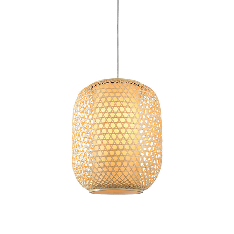 Oval Bamboo Suspension Light Asian 1-Bulb Beige Ceiling Hanging Lantern for Restaurant Clearhalo 'Ceiling Lights' 'Pendant Lights' 'Pendants' Lighting' options 2389583