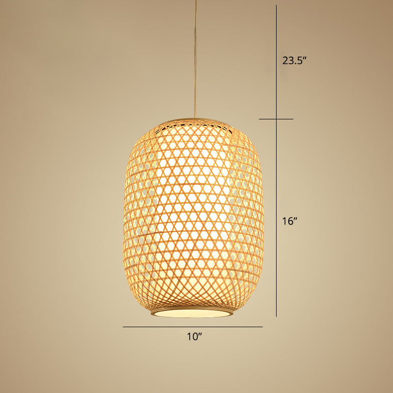 Oval Bamboo Suspension Light Asian 1-Bulb Beige Ceiling Hanging Lantern for Restaurant Clearhalo 'Ceiling Lights' 'Pendant Lights' 'Pendants' Lighting' options 2389584