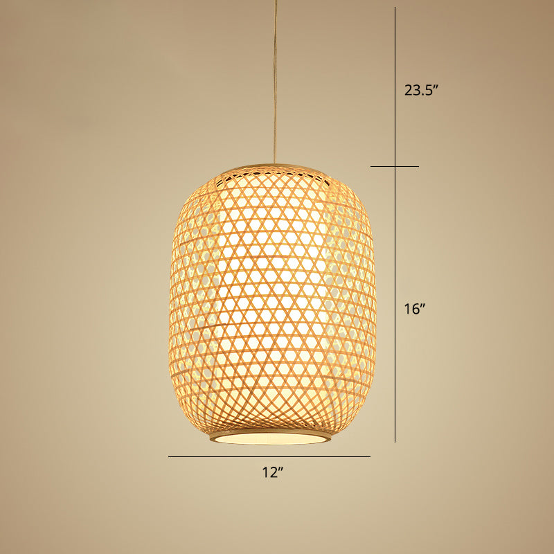 Oval Bamboo Suspension Light Asian 1-Bulb Beige Ceiling Hanging Lantern for Restaurant Beige 12" Clearhalo 'Ceiling Lights' 'Pendant Lights' 'Pendants' Lighting' options 2389585_555e0cf6-5318-4fb9-9d62-acc9eea76e15