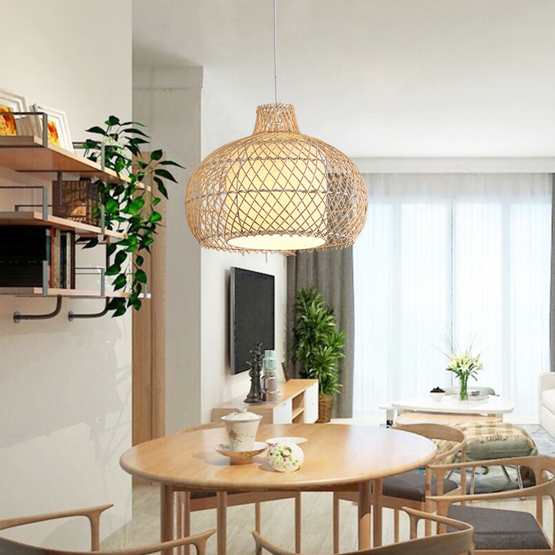 Cage Shade Dining Room Pendulum Light Bamboo Single Asian Style Ceiling Pendant Lamp Clearhalo 'Ceiling Lights' 'Pendant Lights' 'Pendants' Lighting' options 2389586