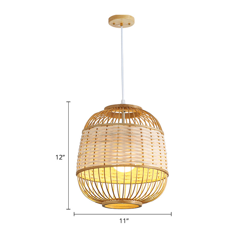 Cage Shade Dining Room Pendulum Light Bamboo Single Asian Style Ceiling Pendant Lamp Clearhalo 'Ceiling Lights' 'Pendant Lights' 'Pendants' Lighting' options 2389588