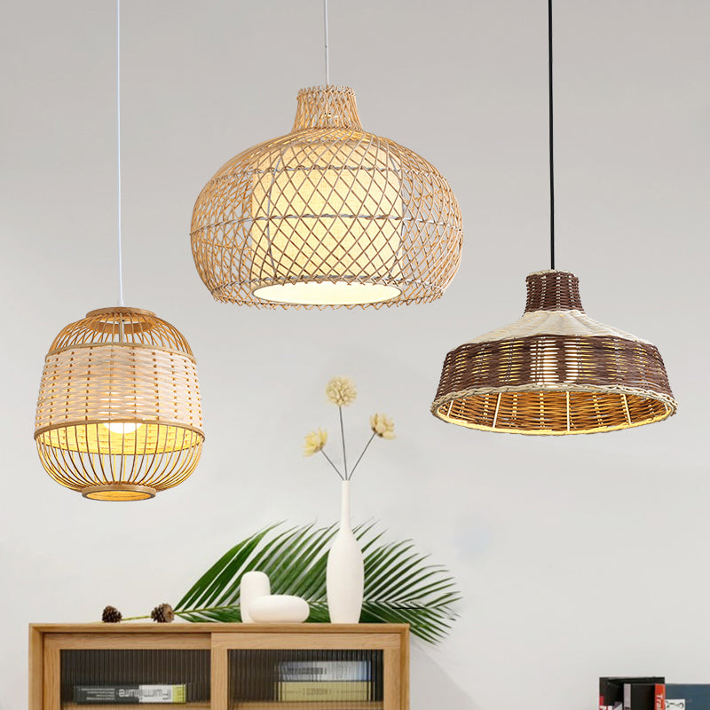 Cage Shade Dining Room Pendulum Light Bamboo Single Asian Style Ceiling Pendant Lamp Clearhalo 'Ceiling Lights' 'Pendant Lights' 'Pendants' Lighting' options 2389589