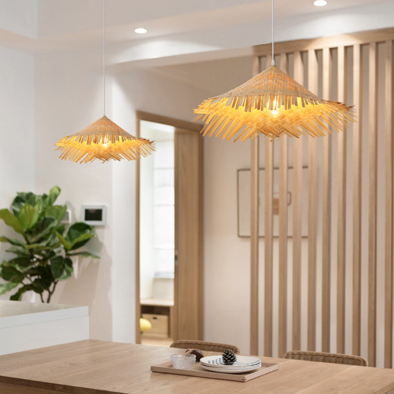 Bamboo Conical Hat Pendant Lamp Chinese Single Beige Suspension Light for Tea Room Clearhalo 'Ceiling Lights' 'Pendant Lights' 'Pendants' Lighting' options 2389598