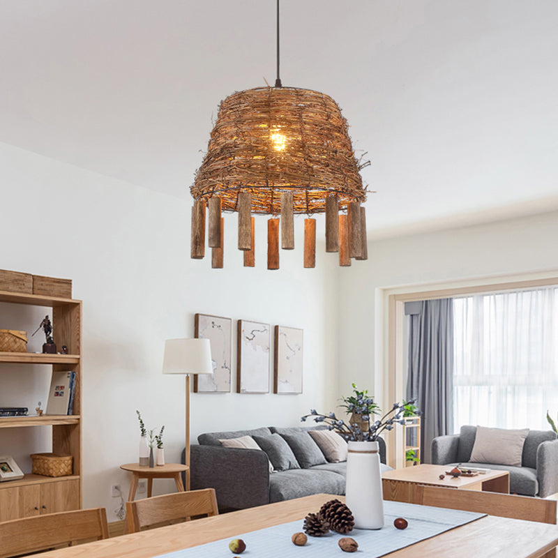 Rattan Conical Frustum Hanging Light Country 1-Bulb Restaurant Ceiling Pendant with Sticks Deco in Brown Clearhalo 'Ceiling Lights' 'Pendant Lights' 'Pendants' Lighting' 2389615