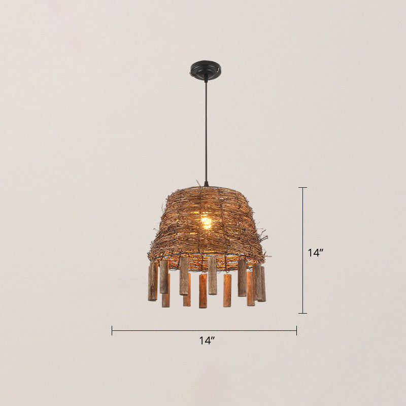 Rattan Conical Frustum Hanging Light Country 1-Bulb Restaurant Ceiling Pendant with Sticks Deco in Brown Brown Clearhalo 'Ceiling Lights' 'Pendant Lights' 'Pendants' Lighting' 2389616