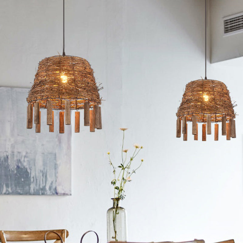 Rattan Conical Frustum Hanging Light Country 1-Bulb Restaurant Ceiling Pendant with Sticks Deco in Brown Clearhalo 'Ceiling Lights' 'Pendant Lights' 'Pendants' Lighting' 2389617