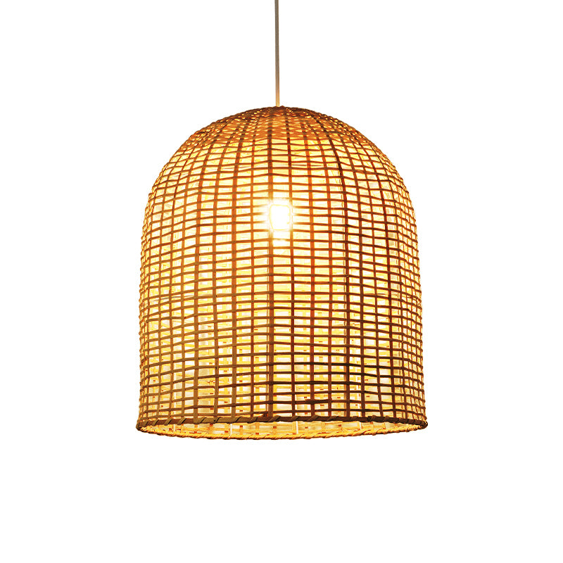 Asia Single-Bulb Pendant Lamp Beige Cloche Shaped Suspension Light with Bamboo Shade Clearhalo 'Ceiling Lights' 'Pendant Lights' 'Pendants' Lighting' 2389626