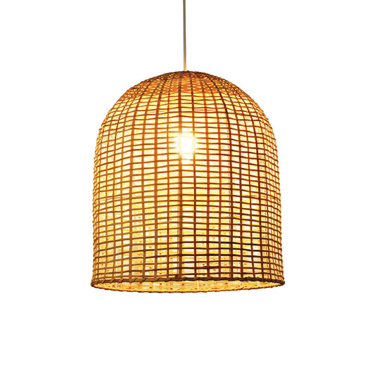 Asia Single-Bulb Pendant Lamp Beige Cloche Shaped Suspension Light with Bamboo Shade Clearhalo 'Ceiling Lights' 'Pendant Lights' 'Pendants' Lighting' 2389626