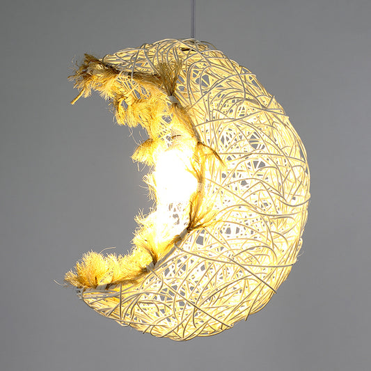 Moon Shaped Hanging Lamp Modern Rattan 1 Head Restaurant Suspended Lighting Fixture Clearhalo 'Ceiling Lights' 'Pendant Lights' 'Pendants' Lighting' 2389639