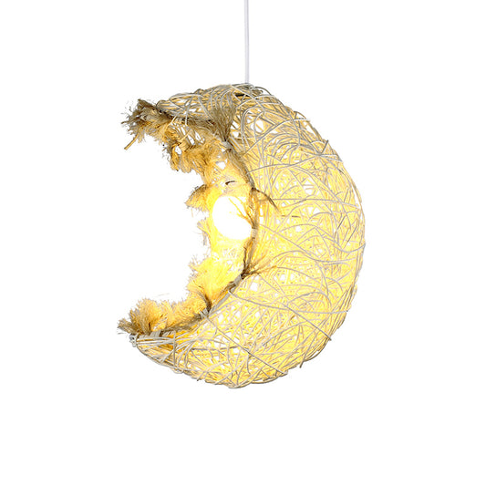 Moon Shaped Hanging Lamp Modern Rattan 1 Head Restaurant Suspended Lighting Fixture Clearhalo 'Ceiling Lights' 'Pendant Lights' 'Pendants' Lighting' 2389641