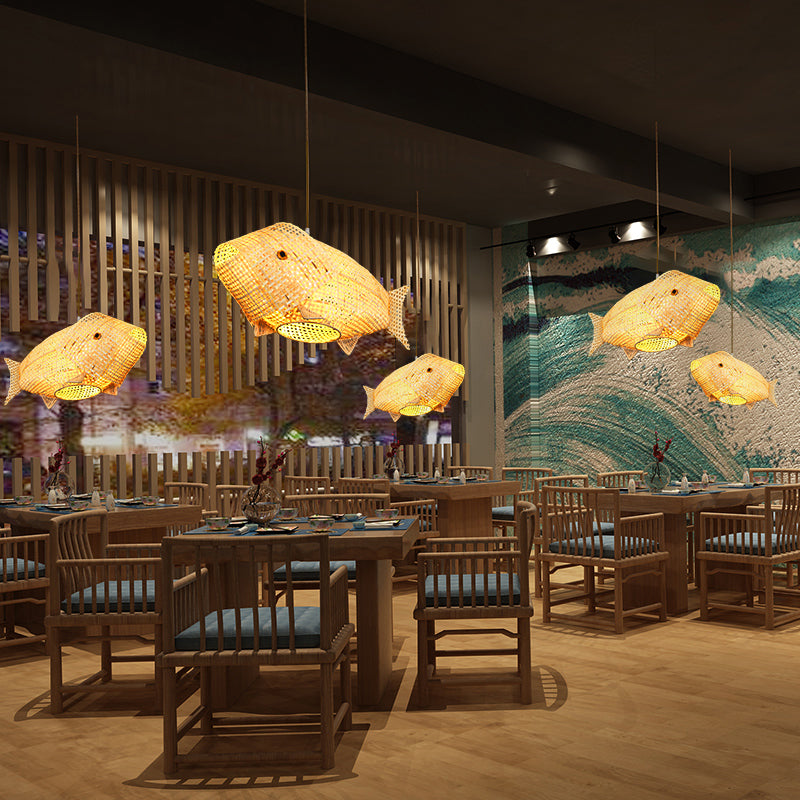 Bamboo Fish Hanging Pendant Light South-East Asia Single Beige Ceiling Light for Restaurant Clearhalo 'Ceiling Lights' 'Pendant Lights' 'Pendants' Lighting' 2389643