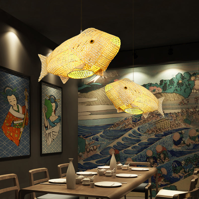 Bamboo Fish Hanging Pendant Light South-East Asia Single Beige Ceiling Light for Restaurant Clearhalo 'Ceiling Lights' 'Pendant Lights' 'Pendants' Lighting' 2389648