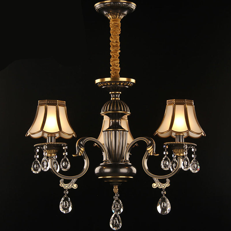 Black and Brass Scalloped Pendant Light Traditional Opaque Glass Dining Room Chandelier with Crystal Deco 3 Black Clearhalo 'Ceiling Lights' 'Chandeliers' 'Modern Chandeliers' 'Modern' Lighting' 2389709