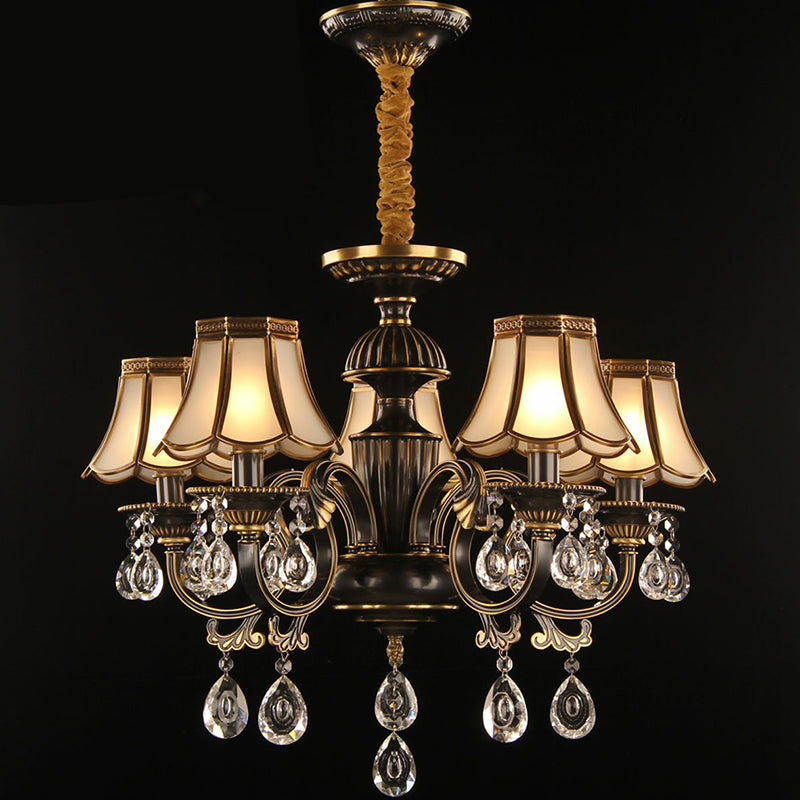 Black and Brass Scalloped Pendant Light Traditional Opaque Glass Dining Room Chandelier with Crystal Deco 5 Black Clearhalo 'Ceiling Lights' 'Chandeliers' 'Modern Chandeliers' 'Modern' Lighting' 2389710