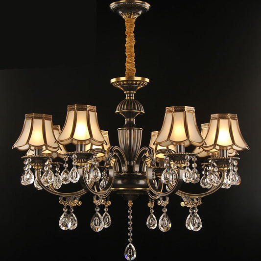 Black and Brass Scalloped Pendant Light Traditional Opaque Glass Dining Room Chandelier with Crystal Deco 8 Black Clearhalo 'Ceiling Lights' 'Chandeliers' 'Modern Chandeliers' 'Modern' Lighting' 2389712