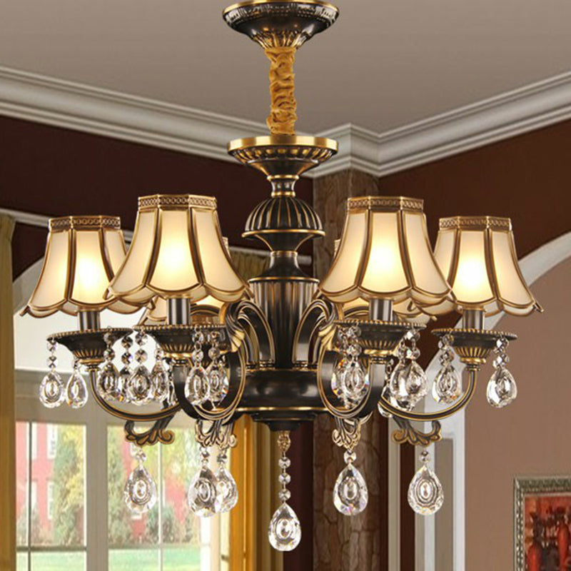 Black and Brass Scalloped Pendant Light Traditional Opaque Glass Dining Room Chandelier with Crystal Deco Clearhalo 'Ceiling Lights' 'Chandeliers' 'Modern Chandeliers' 'Modern' Lighting' 2389713