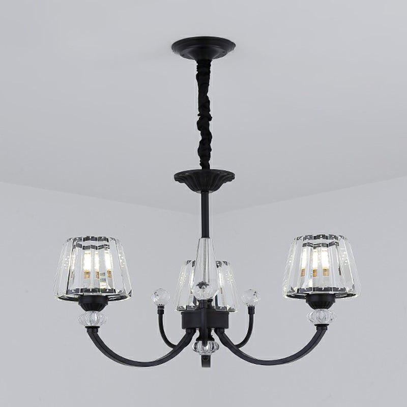 Conical Hanging Chandelier Minimalist Crystal Black Suspension Light with Arched Arm 3 Black Clearhalo 'Ceiling Lights' 'Chandeliers' 'Modern Chandeliers' 'Modern' Lighting' 2389718