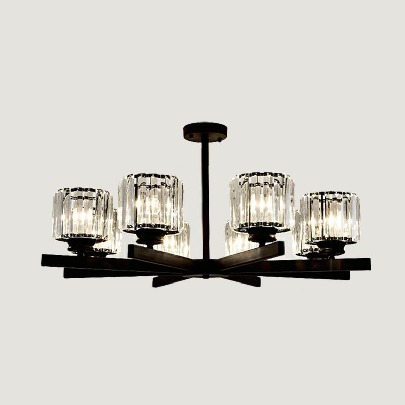 Cylindrical Crystal Ceiling Hang Lamp Minimalistic Chandelier Lighting for Living Room 8 Black Clearhalo 'Ceiling Lights' 'Chandeliers' 'Modern Chandeliers' 'Modern' Lighting' 2389725