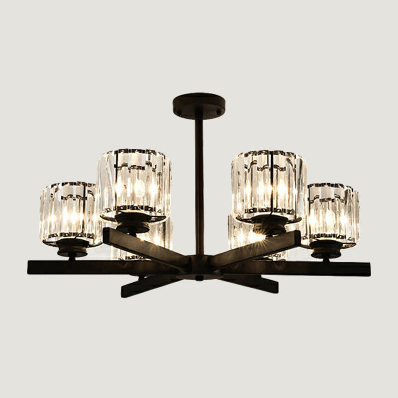 Cylindrical Crystal Ceiling Hang Lamp Minimalistic Chandelier Lighting for Living Room 6 Black Clearhalo 'Ceiling Lights' 'Chandeliers' 'Modern Chandeliers' 'Modern' Lighting' 2389726