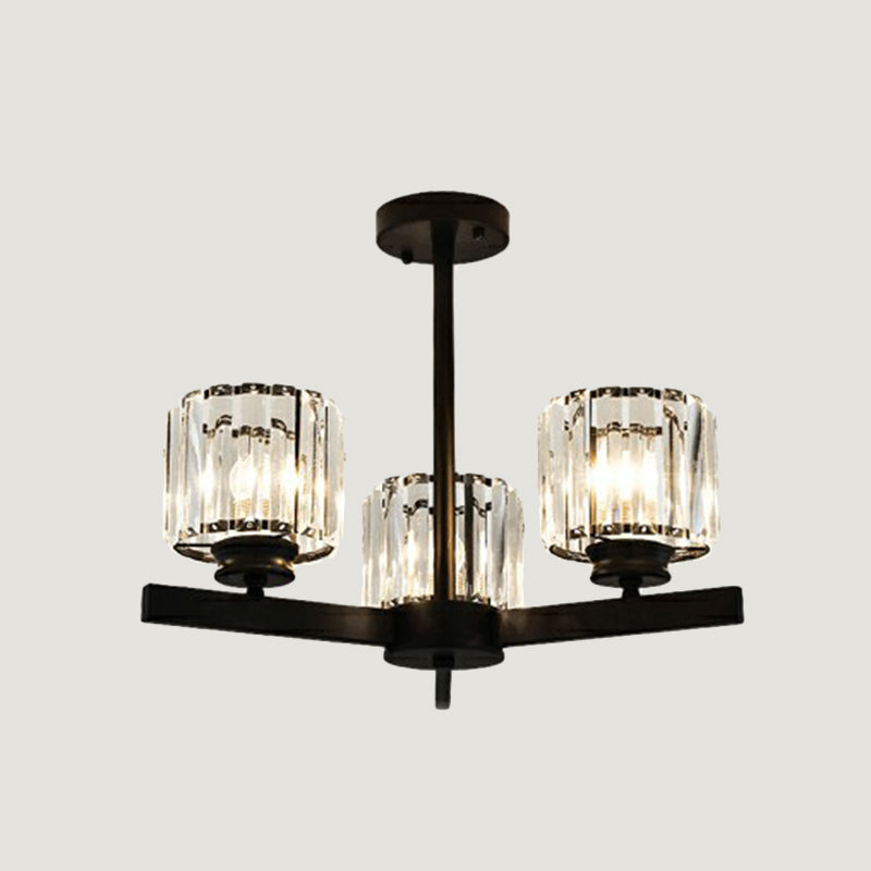 Cylindrical Crystal Ceiling Hang Lamp Minimalistic Chandelier Lighting for Living Room 3 Black Clearhalo 'Ceiling Lights' 'Chandeliers' 'Modern Chandeliers' 'Modern' Lighting' 2389730