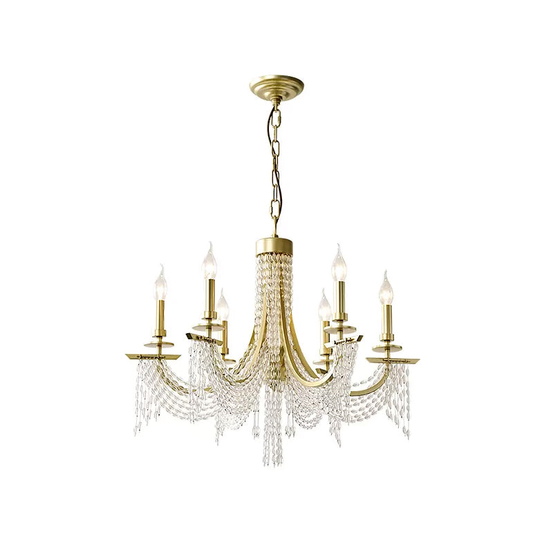 Baroque Candle Chandelier 6-Bulb Metal Suspension Lighting with Crystal Chain in Gold Clearhalo 'Ceiling Lights' 'Chandeliers' 'Modern Chandeliers' 'Modern' Lighting' 2389754