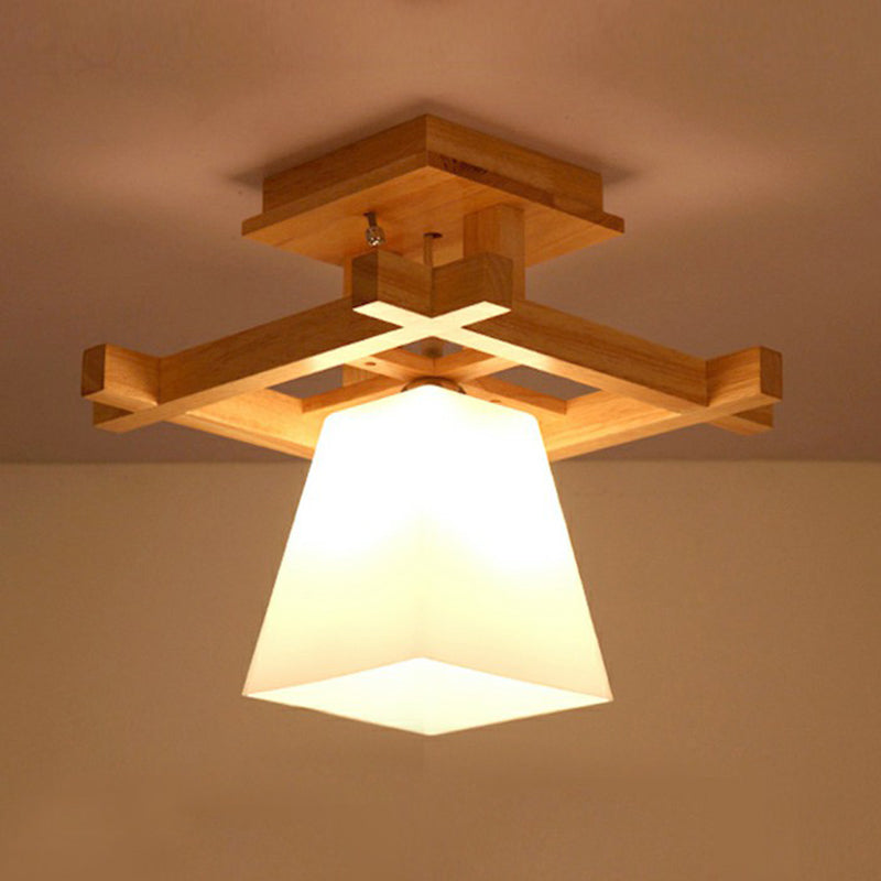 Wood Trapezoidal Ceiling Light Nordic Single-Bulb White Glass Semi Flush Mount for Foyer Wood Clearhalo 'Ceiling Lights' 'Close To Ceiling Lights' 'Close to ceiling' 'Semi-flushmount' Lighting' 2389819