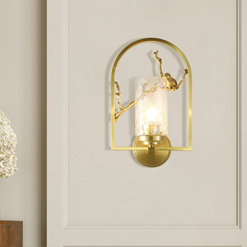 Cylindrical Sconce Light Traditionary Metal 1/2 Heads Gold Wall Lamp Fixture with Bird Deco Clearhalo 'Wall Lamps & Sconces' 'Wall Lights' Lighting' 238983