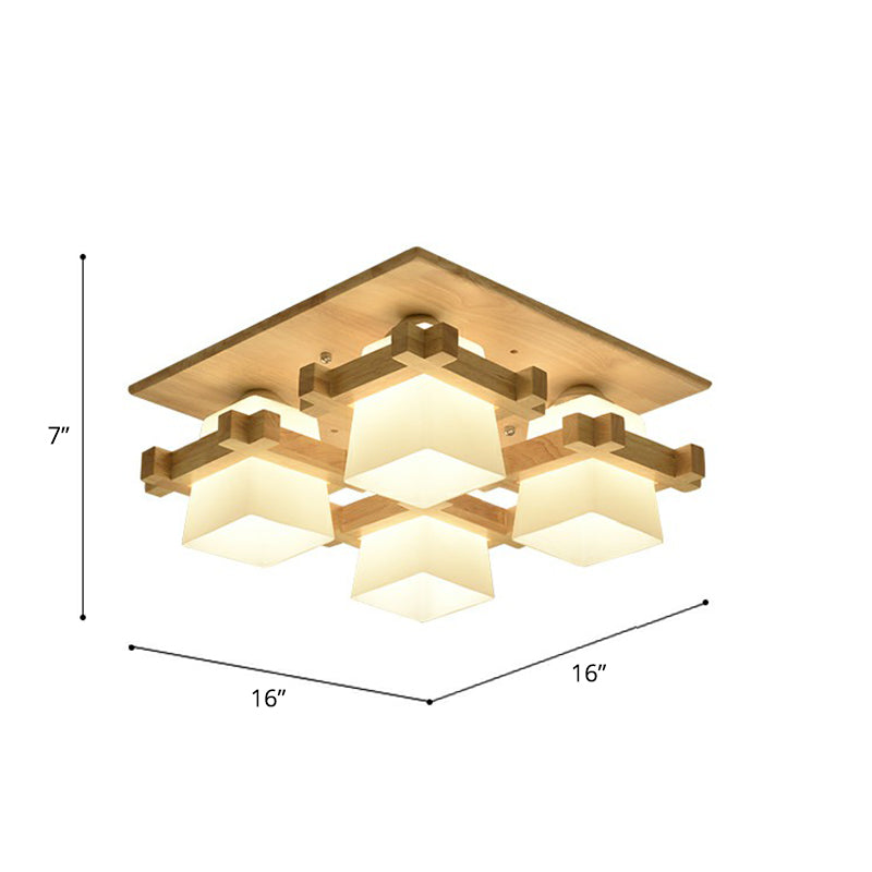 Checkered Close to Ceiling Light Nordic Milk Glass Wood Semi Flush Mount Fixture for Dining Room 4 Wood Clearhalo 'Ceiling Lights' 'Close To Ceiling Lights' 'Close to ceiling' 'Semi-flushmount' Lighting' 2389834