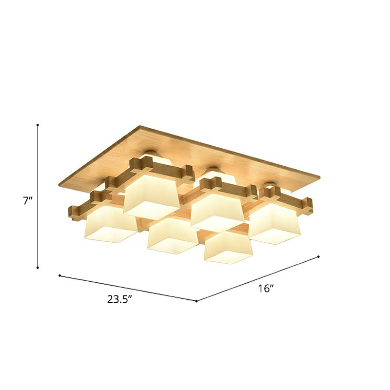 Checkered Close to Ceiling Light Nordic Milk Glass Wood Semi Flush Mount Fixture for Dining Room 6 Wood Clearhalo 'Ceiling Lights' 'Close To Ceiling Lights' 'Close to ceiling' 'Semi-flushmount' Lighting' 2389835