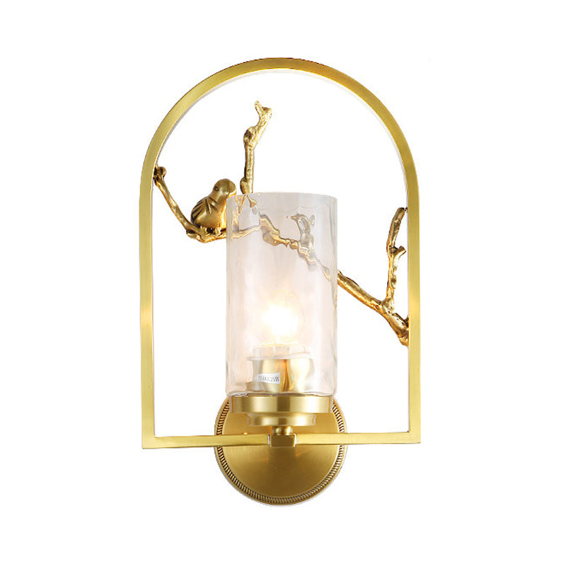 Cylindrical Sconce Light Traditionary Metal 1/2 Heads Gold Wall Lamp Fixture with Bird Deco Clearhalo 'Wall Lamps & Sconces' 'Wall Lights' Lighting' 238984