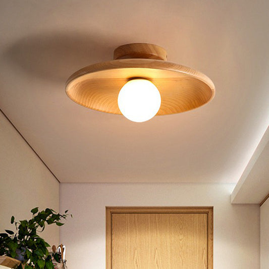 Shallow Bowl Shaped Ceiling Lamp Minimalist Wooden 1 Head Aisle Semi Flush Mount Light Clearhalo 'Ceiling Lights' 'Close To Ceiling Lights' 'Close to ceiling' 'Semi-flushmount' Lighting' 2389848