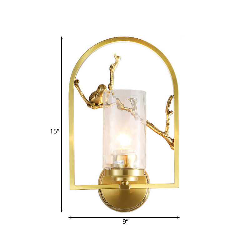 Cylindrical Sconce Light Traditionary Metal 1/2 Heads Gold Wall Lamp Fixture with Bird Deco Clearhalo 'Wall Lamps & Sconces' 'Wall Lights' Lighting' 238985